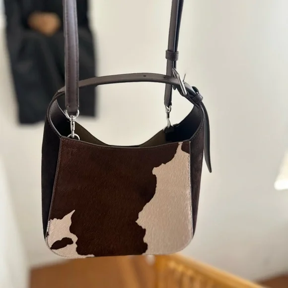 Tory Burch Small Thea Bucket Bag in Cold Brew/New Cream (Cow Print) - Picture 8 of 9